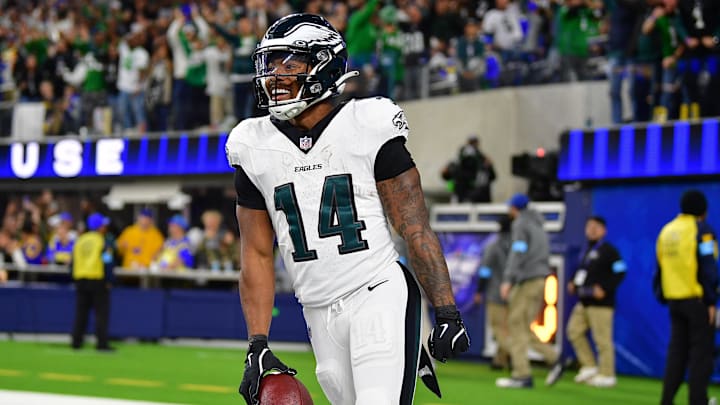 Nov 24, 2024; Inglewood, California, USA; Philadelphia Eagles running back Kenneth Gainwell (14) celebrates his touchdown scored against the Los Angeles Rams during the second half at SoFi Stadium. Mandatory Credit: Gary A. Vasquez-Imagn Images Nov 24, 2024; Inglewood, California, USA; Philadelphia Eagles running back Kenneth Gainwell (14) celebrates his touchdown scored against the Los Angeles Rams during the second half at SoFi Stadium. Mandatory Credit: Gary A. Vasquez-Imagn Images