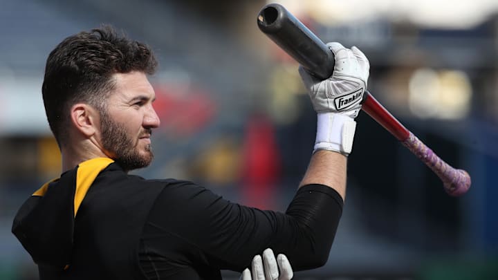 Apr 16, 2025; Pittsburgh, Pennsylvania, USA;  Pittsburgh Pirates first baseman Spencer Horwitz (2) at the batting cage before the game against the Washington Nationals at PNC Park. Mandatory Credit: Charles LeClaire-Imagn Images