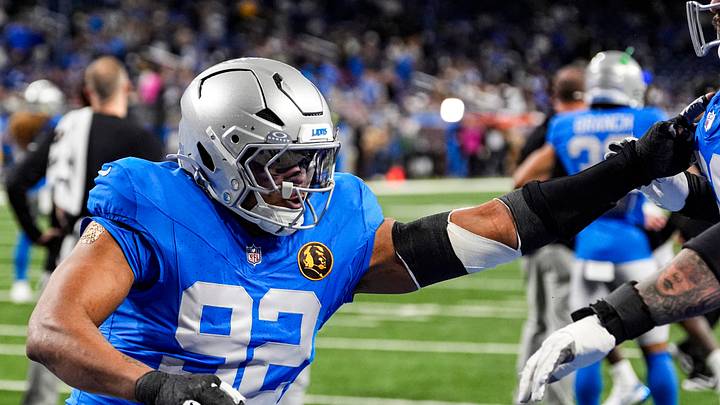 Detroit Lions defensive end Marcus Davenport (92) warms up ahead of the Green Bay Packers game at Ford Field in Detroit on Thursday, Nov. 27, 2025. Detroit Lions defensive end Marcus Davenport (92) warms up ahead of the Green Bay Packers game at Ford Field in Detroit on Thursday, Nov. 27, 2025.