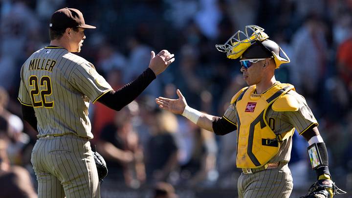 Sep 12, 2026; San Francisco, California, USA; San Diego Padres pitcher Mason Miller (22) and catcher Freddy Fermin (54) celebrate their 7-6 victory over the San Francisco Giants during the ninth inning at Oracle Park. Mandatory Credit: D. Ross Cameron-Imagn Images Sep 12, 2026; San Francisco, California, USA; San Diego Padres pitcher Mason Miller (22) and catcher Freddy Fermin (54) celebrate their 7-6 victory over the San Francisco Giants during the ninth inning at Oracle Park. Mandatory Credit: D. Ross Cameron-Imagn Images