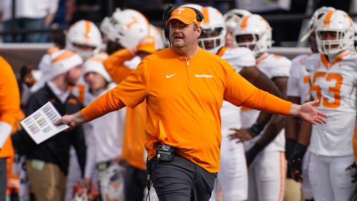 Tennessee head coach Josh Heupel disputes a call during the second quarter at FirstBank Stadium in Nashville, Tenn., Saturday, Nov. 30, 2024.