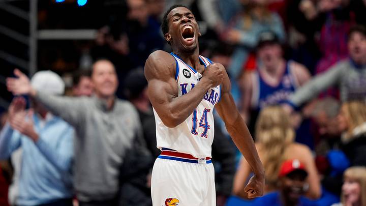 Jan 31, 2026; Lawrence, Kansas, USA; Kansas Jayhawks guard Melvin Council Jr. (14) celebrates during the second half against the BYU Cougars at Mizzou Arena. Mandatory Credit: Jay Biggerstaff-Imagn Images Jan 31, 2026; Lawrence, Kansas, USA; Kansas Jayhawks guard Melvin Council Jr. (14) celebrates during the second half against the BYU Cougars at Mizzou Arena. Mandatory Credit: Jay Biggerstaff-Imagn Images