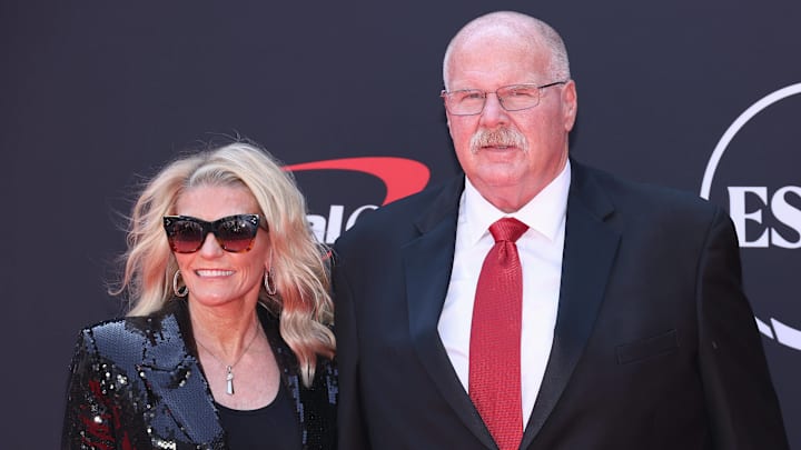 July 11, 2024: Kansas City Chiefs head coach Andy Reid poses with his wife, Tammy Reid, at the ESPY Awards in Los Angeles.