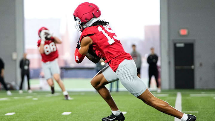 Ohio State Buckeyes wide receiver Chris Henry Jr. (15) runs after making a catch during the first day of spring workouts for the 2026 football season at Woody Hayes Athletic Complex in Columbus on March 10, 2026.
