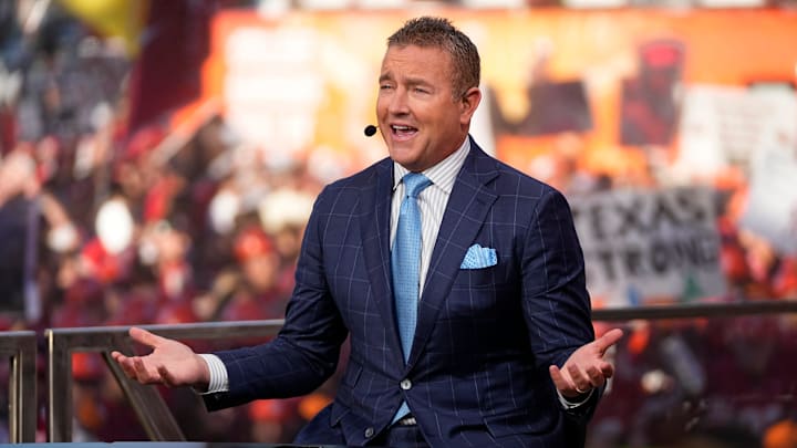 Kirk Herbstreit speaks on the set of ESPN College GameDay prior to the NCAA football game between the Ohio State Buckeyes and the Texas Longhorns at Ohio Stadium on Aug. 30, 2025.