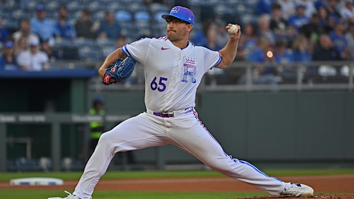 Apr 24, 2026; Kansas City, Missouri, USA;  Kansas City Royals starting pitcher Noah Cameron (65) throws a pitch in the first inning against the Los Angeles Angels at Kauffman Stadium. Mandatory Credit: Peter Aiken-Imagn Images