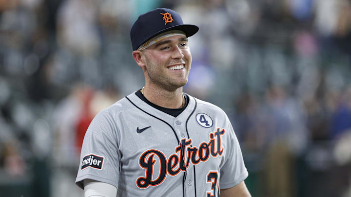 Jun 2, 2025; Chicago, Illinois, USA; Detroit Tigers designated hitter Kerry Carpenter (30) smiles after team's win against the Chicago White Sox at Rate Field. Mandatory Credit: Kamil Krzaczynski-Imagn Images