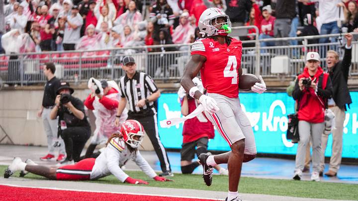 Ohio State Buckeyes wide receiver Jeremiah Smith (4) scores a touchdown during the NCAA football game against the Maryland Terrapins at Ohio Stadium in Columbus on Oct. 10, 2026. Ohio State Buckeyes wide receiver Jeremiah Smith (4) scores a touchdown during the NCAA football game against the Maryland Terrapins at Ohio Stadium in Columbus on Oct. 10, 2026.