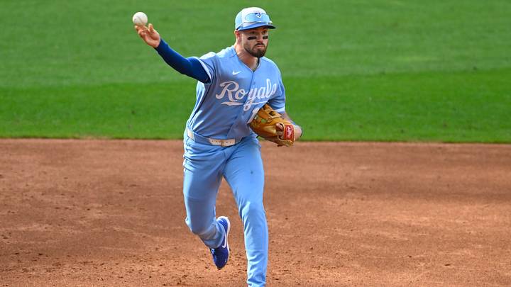 Aug 29, 2026; Cleveland, Ohio, USA;  Kansas City Royals third baseman Nick Loftin (12) throws to first base in the third inning against the Cleveland Guardians at Progressive Field.  Mandatory Credit: David Richard-Imagn Images