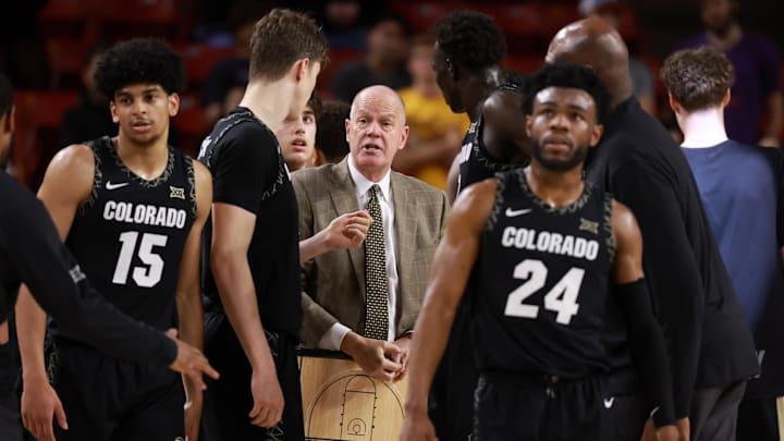 Jan 3, 2026; Tempe, Arizona, USA; Colorado Buffaloes head coach Tad Boyle (center) in the huddle with his players against the Arizona State Sun Devils in the second half at Desert Financial Arena. Mandatory Credit: Mark J. Rebilas-Imagn Images Jan 3, 2026; Tempe, Arizona, USA; Colorado Buffaloes head coach Tad Boyle (center) in the huddle with his players against the Arizona State Sun Devils in the second half at Desert Financial Arena. Mandatory Credit: Mark J. Rebilas-Imagn Images