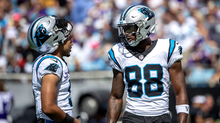 Oct 1, 2023; Charlotte, North Carolina, USA; Carolina Panthers quarterback Bryce Young (9) with wide receiver Terrace Marshall Jr. (88) in the second quarter at Bank of America Stadium. Mandatory Credit: Bob Donnan-Imagn Images