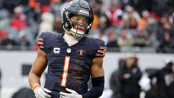 Dec 31, 2023; Chicago, Illinois, USA; Chicago Bears quarterback Justin Fields (1) during the second