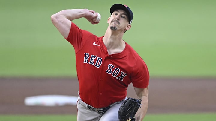 Aug 8, 2025; San Diego, California, USA; Boston Red Sox starting pitcher Walker Buehler (0) delivers during the first inning against the San Diego Padres at Petco Park. Mandatory Credit: Denis Poroy-Imagn Images