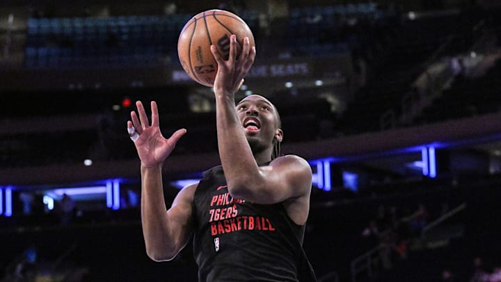 Apr 1, 2025; New York, New York, USA; Philadelphia 76ers guard Tyrese Maxey (0) warms up before a game against the New York Knicks at Madison Square Garden. Mandatory Credit: John Jones-Imagn Images