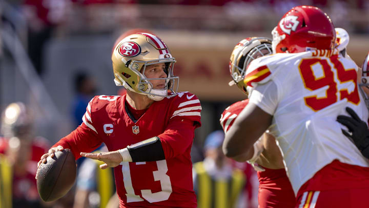 October 20, 2024; Santa Clara, California, USA; San Francisco 49ers quarterback Brock Purdy (13) passes the football against the Kansas City Chiefs during the second quarter at Levi's Stadium. Mandatory Credit: Kyle Terada-Imagn Images October 20, 2024; Santa Clara, California, USA; San Francisco 49ers quarterback Brock Purdy (13) passes the football against the Kansas City Chiefs during the second quarter at Levi's Stadium. Mandatory Credit: Kyle Terada-Imagn Images