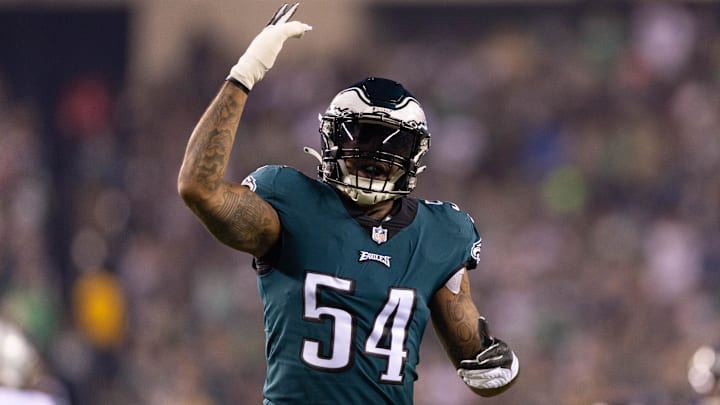 Oct 16, 2022; Philadelphia, Pennsylvania, USA; Philadelphia Eagles linebacker Shaun Bradley (54) reacts against the Dallas Cowboys during the second quarter at Lincoln Financial Field. Mandatory Credit: Bill Streicher-Imagn Images