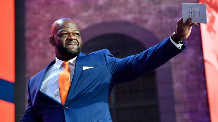 Al Wilson, former University of Tennessee and Denver Broncos player, announces the Denver pick during the second day of the NFL Draft Friday, April 26, 2019, in Nashville, Tenn.

Gw52920