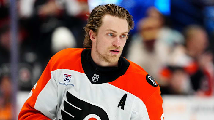 Jan 23, 2026; Denver, Colorado, USA;  Philadelphia Flyers defenseman Travis Sanheim (6) warms up before the game against the Colorado Avalanche at Ball Arena.