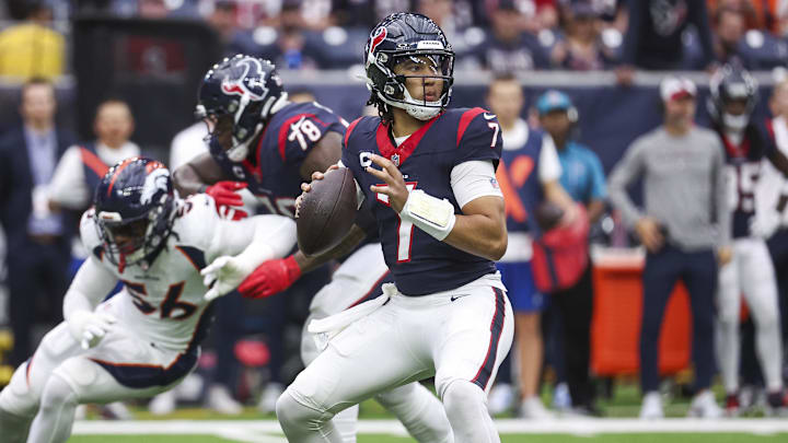 Dec 3, 2023; Houston, Texas, USA; Houston Texans quarterback C.J. Stroud (7) looks