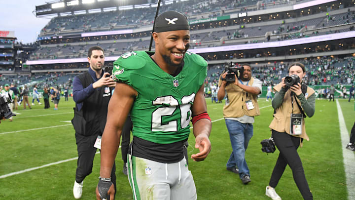 Dec 29, 2024; Philadelphia, Pennsylvania, USA; Philadelphia Eagles running back Saquon Barkley (26) runs off the field after win against the Dallas Cowboys at Lincoln Financial Field. Mandatory Credit: Eric Hartline-Imagn Images