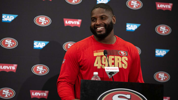 Jul 25, 2024; Santa Clara, CA, USA; San Francisco 49ers defensive lineman Javon Hargrave answers questions at a press conference following Day 3 of training camp at SAP Performance Facility. Mandatory Credit: D. Ross Cameron-Imagn Images Jul 25, 2024; Santa Clara, CA, USA; San Francisco 49ers defensive lineman Javon Hargrave answers questions at a press conference following Day 3 of training camp at SAP Performance Facility. Mandatory Credit: D. Ross Cameron-Imagn Images