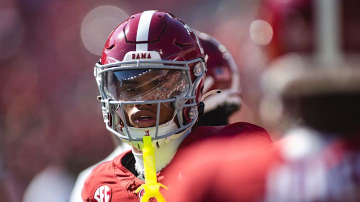 Oct 26, 2024; Tuscaloosa, Alabama, USA; Alabama Crimson Tide wide receiver Ryan Williams (2) lines up with his teammates during warmups before a game against the Missouri Tigers at Bryant-Denny Stadium. 