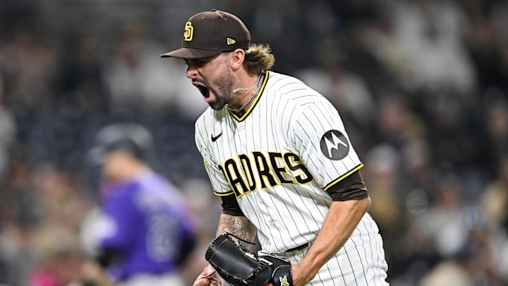 Apr 9, 2026; San Diego, California, USA; San Diego Padres relief pitcher David Morgan (66) reacts after pitching in the eleventh inning against the Colorado Rockies at Petco Park. Mandatory Credit: Denis Poroy-Imagn Images