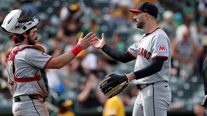 May 2, 2026: Cleveland Guardians catcher Austin Hedges (27) and Cleveland Guardians pitcher Colin Holderman (35) celebrate after defeating the Athletics at Sutter Health Park. Credit: Dennis Lee-Imagn Images May 2, 2026: Cleveland Guardians catcher Austin Hedges (27) and Cleveland Guardians pitcher Colin Holderman (35) celebrate after defeating the Athletics at Sutter Health Park. Credit: Dennis Lee-Imagn Images