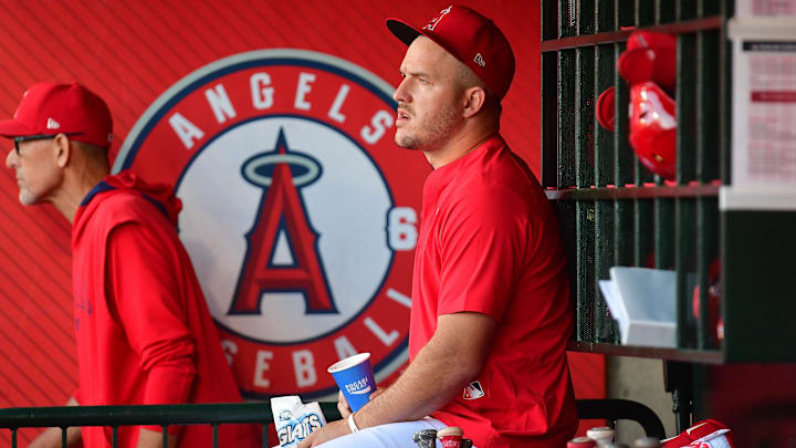 May 10, 2025; Anaheim, California, USA; Los Angeles Angels right fielder Mike Trout (27) watches game action against the Baltimore Orioles during the first inning at Angel Stadium. Mandatory Credit: Gary A. Vasquez-Imagn Images
