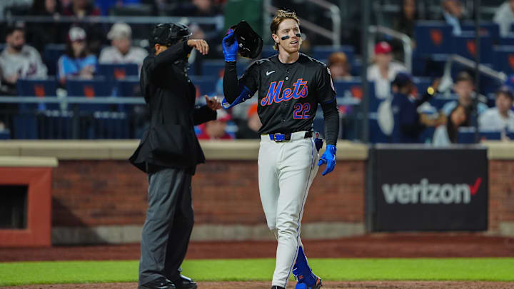 May 13, 2024; New York City, New York, USA; New York Mets third baseman Brett Baty (22) reacts to striking out against the Philadelphia Phillies during the fifth inning at Citi Field. Mandatory Credit: Gregory Fisher-Imagn Images