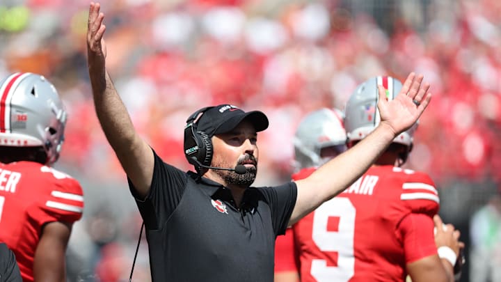 Aug 30, 2025; Columbus, Ohio, USA; Ohio State Buckeyes head coach Ryan Day reacts against the Texas Longhorns in the second half at Ohio Stadium. Mandatory Credit: Joseph Maiorana-Imagn Images