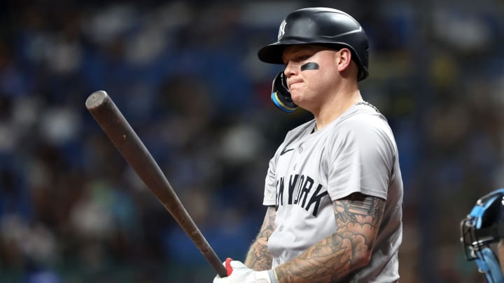 Jul 9, 2024; St. Petersburg, Florida, USA; New York Yankees outfielder Alex Verdugo (24) reacts while at bat against the Tampa Bay Rays during the seventh inning at Tropicana Field. Mandatory Credit: Kim Klement Neitzel-USA TODAY Sports