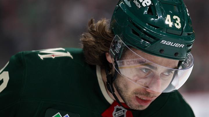 Apr 22, 2026; Saint Paul, Minnesota, USA; Minnesota Wild defenseman Quinn Hughes (43) looks on during the first period in game three of the first round of the 2026 Stanley Cup Playoffs against the Dallas Stars at Grand Casino Arena. Mandatory Credit: Matt Krohn-Imagn Images