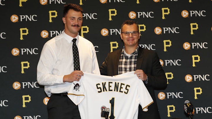 Jul 18, 2023; Pittsburgh, Pennsylvania, USA; Pittsburgh Pirates pitcher Paul Skenes (left) is introduced at a press conference by Pirates General Manager Ben Cherington (right) before the Pirates play the Cleveland Guardians at PNC Park. Skenes was the Pirates first round pick and the overall number one pick in the 2023 MLB first year player draft. Mandatory Credit: Charles LeClaire-Imagn Images