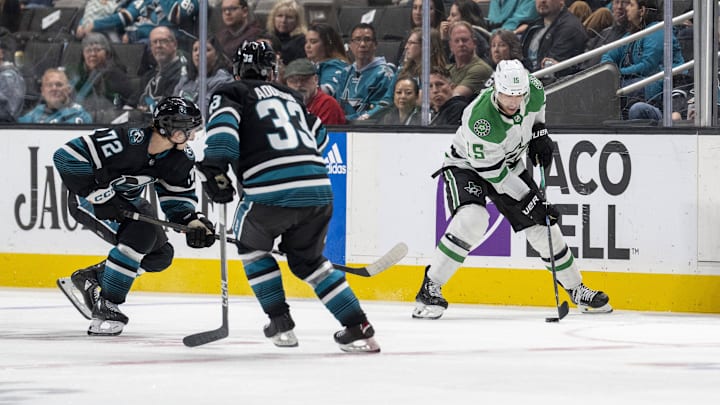 Mar 26, 2024; San Jose, California, USA; Dallas Stars center Craig Smith (15) controls the pass