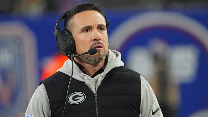 Dec 11, 2023; East Rutherford, New Jersey, USA; Green Bay Packers head coach Matt LaFleur looks on