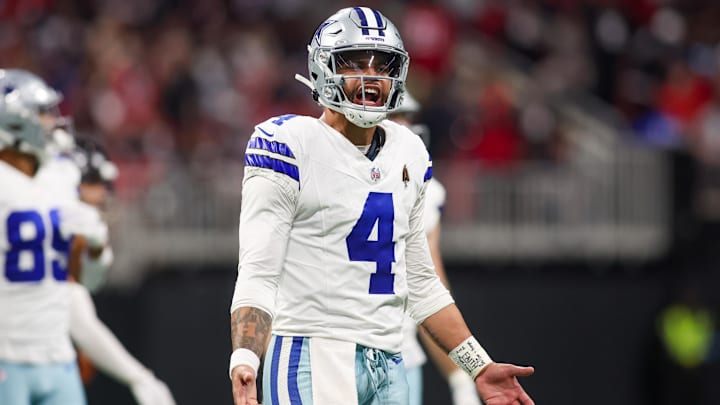 Dallas Cowboys quarterback Dak Prescott reacts to a penalty against the Atlanta Falcons. Dallas Cowboys quarterback Dak Prescott reacts to a penalty against the Atlanta Falcons.