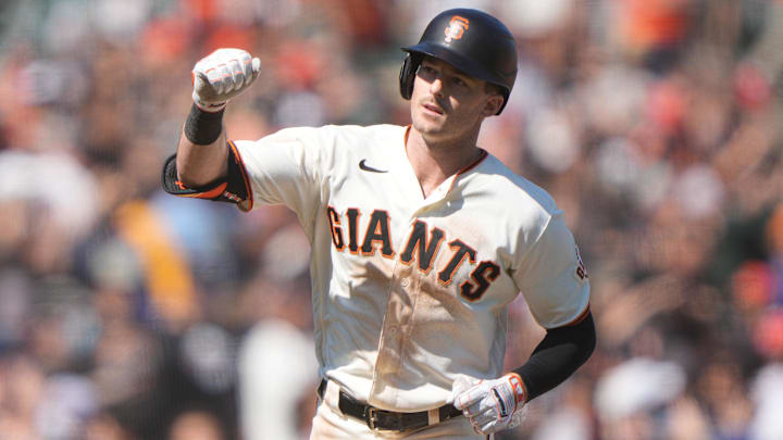 Jul 31, 2021; San Francisco, California, USA; San Francisco Giants right fielder Mike Yastrzemski (5) reacts after hitting a home run during the eighth inning against the Houston Astros at Oracle Park. Jul 31, 2021; San Francisco, California, USA; San Francisco Giants right fielder Mike Yastrzemski (5) reacts after hitting a home run during the eighth inning against the Houston Astros at Oracle Park.
