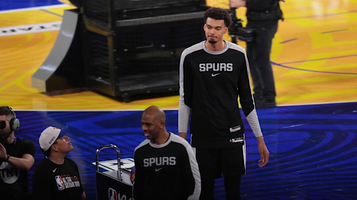 Chris Paul and Victor Wembanyama of the San Antonio Spurs participate in the NBA All-Star Skills Challenge. Chris Paul and Victor Wembanyama of the San Antonio Spurs participate in the NBA All-Star Skills Challenge.