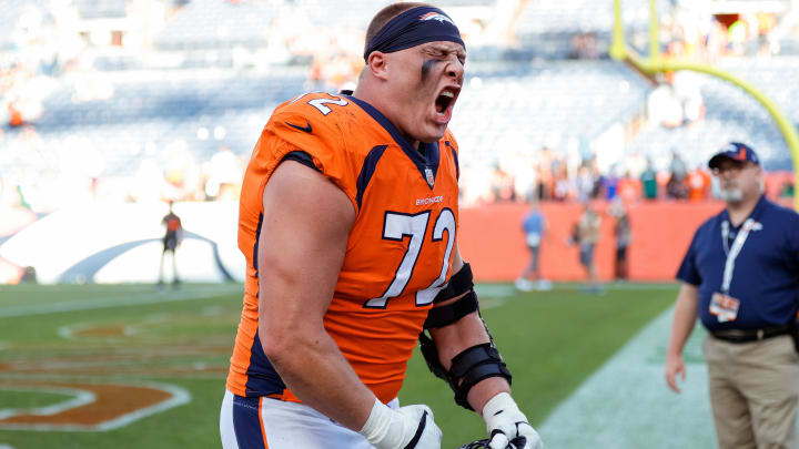 Sep 26, 2021; Denver, Colorado, USA; Denver Broncos offensive tackle Garett Bolles (72) reacts after the game against the New York Jets at Empower Field at Mile High. Mandatory Credit: Isaiah J. Downing-USA TODAY Sports
