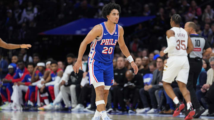 Nov 13, 2024; Philadelphia, Pennsylvania, USA; Philadelphia 76ers guard Jared McCain (20) in action against the Cleveland Cavaliers in the first quarter at Wells Fargo Center. Mandatory Credit: Kyle Ross-Imagn Images