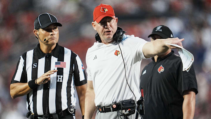 Louisville Cardinals football head coach Jeff Brohm during the Cards' 28-14 win over James Madison University Friday September 5, 2025 at L&N Credit Union Stadium in Louisville, Kentucky.