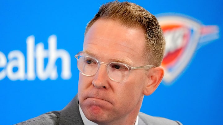 Thunder general manager Sam Presti speaks during an introductory press conference for the 2024 Thunder draft picks at Oklahoma Contemporary Arts Center in Oklahoma City, Saturday, June, 29, 2024.