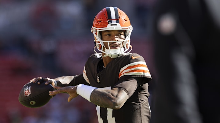 Oct 27, 2024; Cleveland, Ohio, USA; Cleveland Browns quarterback Dorian Thompson-Robinson (17) throws the ball during warm ups before the game against the Baltimore Ravens at Huntington Bank Field.