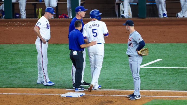Jun 5, 2024; Arlington, Texas, USA;  Texas Rangers shortstop Corey Seager (5) leaves the game during the third inning against the Detroit Tigers at Globe Life Field. Mandatory Credit: Kevin Jairaj-USA TODAY Sports
