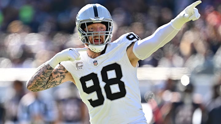 Oct 22, 2023; Chicago, Illinois, USA;  Las Vegas Raiders defensive end Maxx Crosby (98) reacts after the Chicago Bears jumped the snap in the third quarter at Soldier Field. Mandatory Credit: Jamie Sabau-Imagn Images
