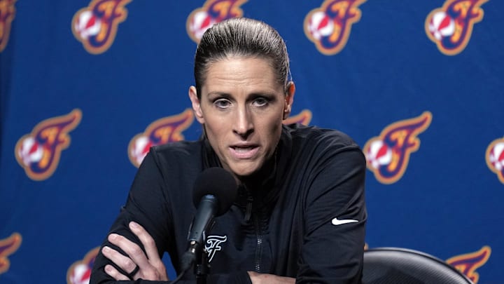 Aug 31, 2025; San Francisco, California, USA; Indiana Fever head coach Stephanie White talks to media members before the game against the Golden State Valkyries at Chase Center. Mandatory Credit: Darren Yamashita-Imagn Images