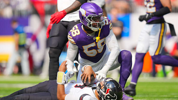 Sep 22, 2024; Minneapolis, Minnesota, USA; Minnesota Vikings linebacker Jonathan Greenard (58) sacks Houston Texans quarterback C.J. Stroud (7) in the third quarter at U.S. Bank Stadium. Mandatory Credit: Brad Rempel-Imagn Images