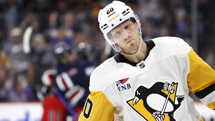 Oct 20, 2024; Winnipeg, Manitoba, CAN; Pittsburgh Penguins center Lars Eller (20) in second period action against the Winnipeg Jets at Canada Life Centre. Mandatory Credit: James Carey Lauder-Imagn Images