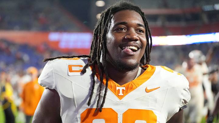 Tennessee defensive lineman Dominic Bailey (90) celebrating after the win over Florida in an NCAA college football game on November 22, 2025, in Gainesville, Florida. Tennessee defensive lineman Dominic Bailey (90) celebrating after the win over Florida in an NCAA college football game on November 22, 2025, in Gainesville, Florida.